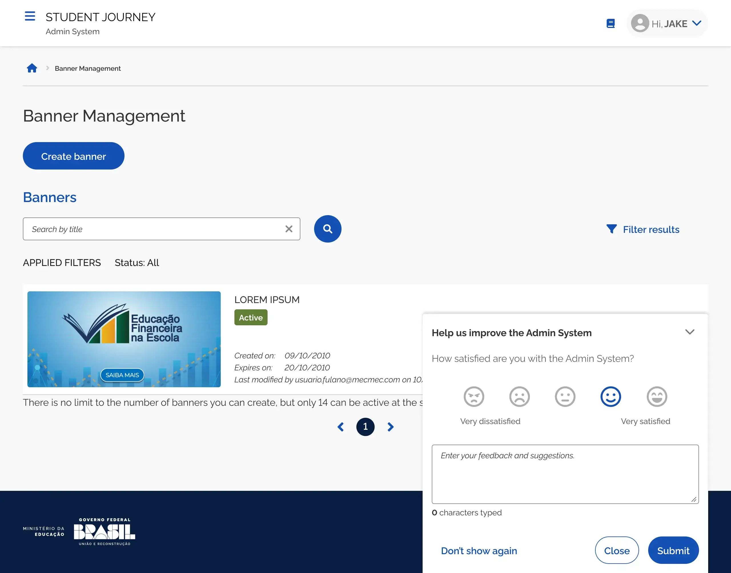 Bridge admin banner management screen
