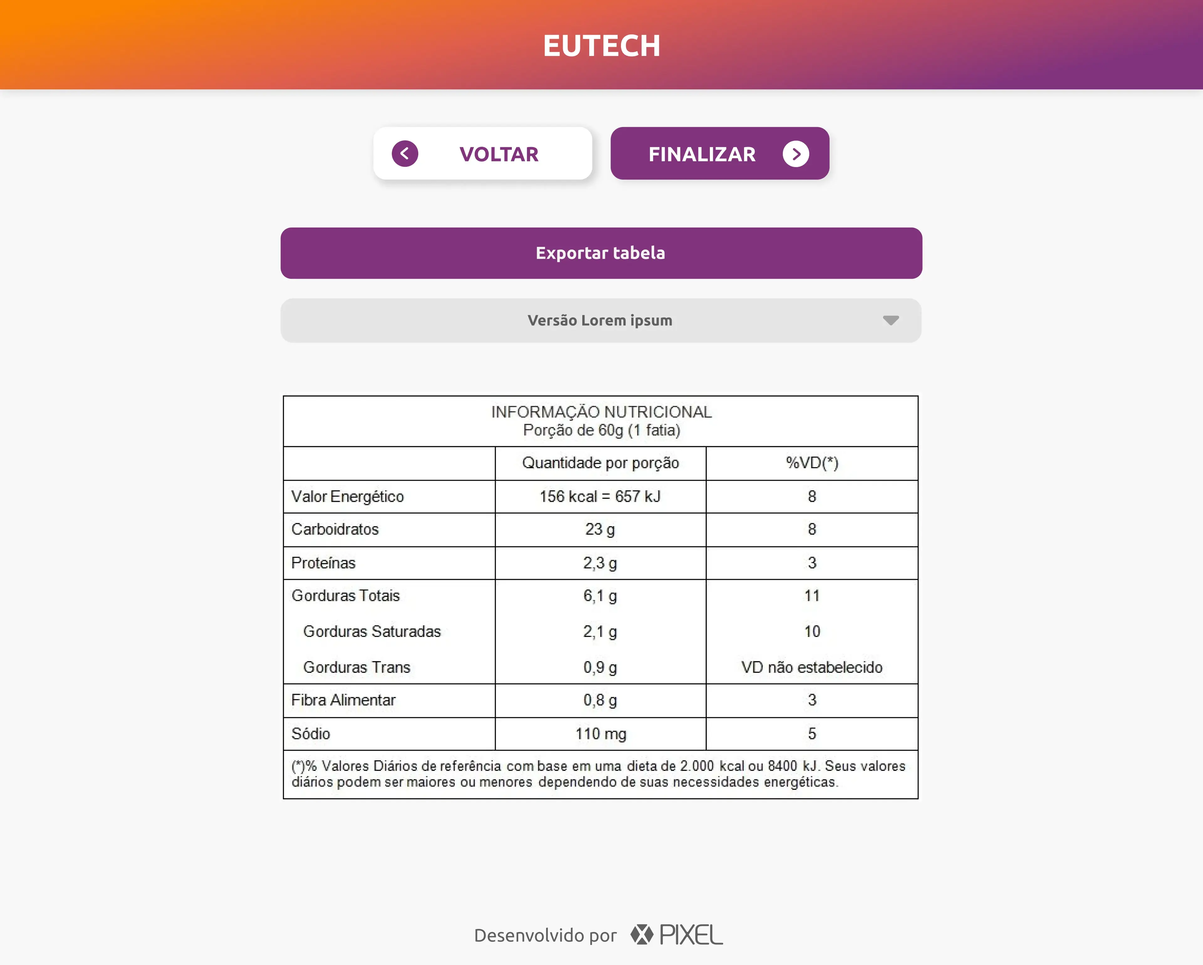 Etapa final: tabela nutricional por porção, com %VD, escolha de versão e exportação
