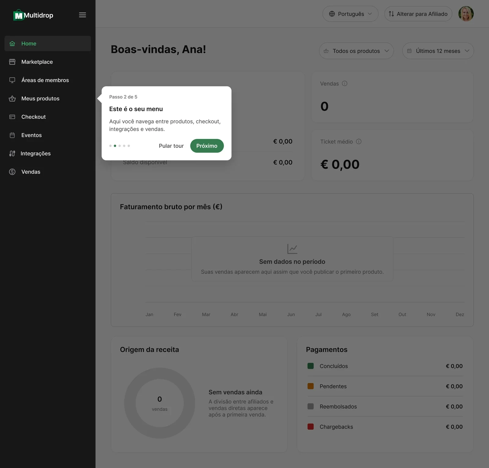 Primeira versão do onboarding: tour guiado com tooltip sobre o menu e o resto do dashboard escurecido