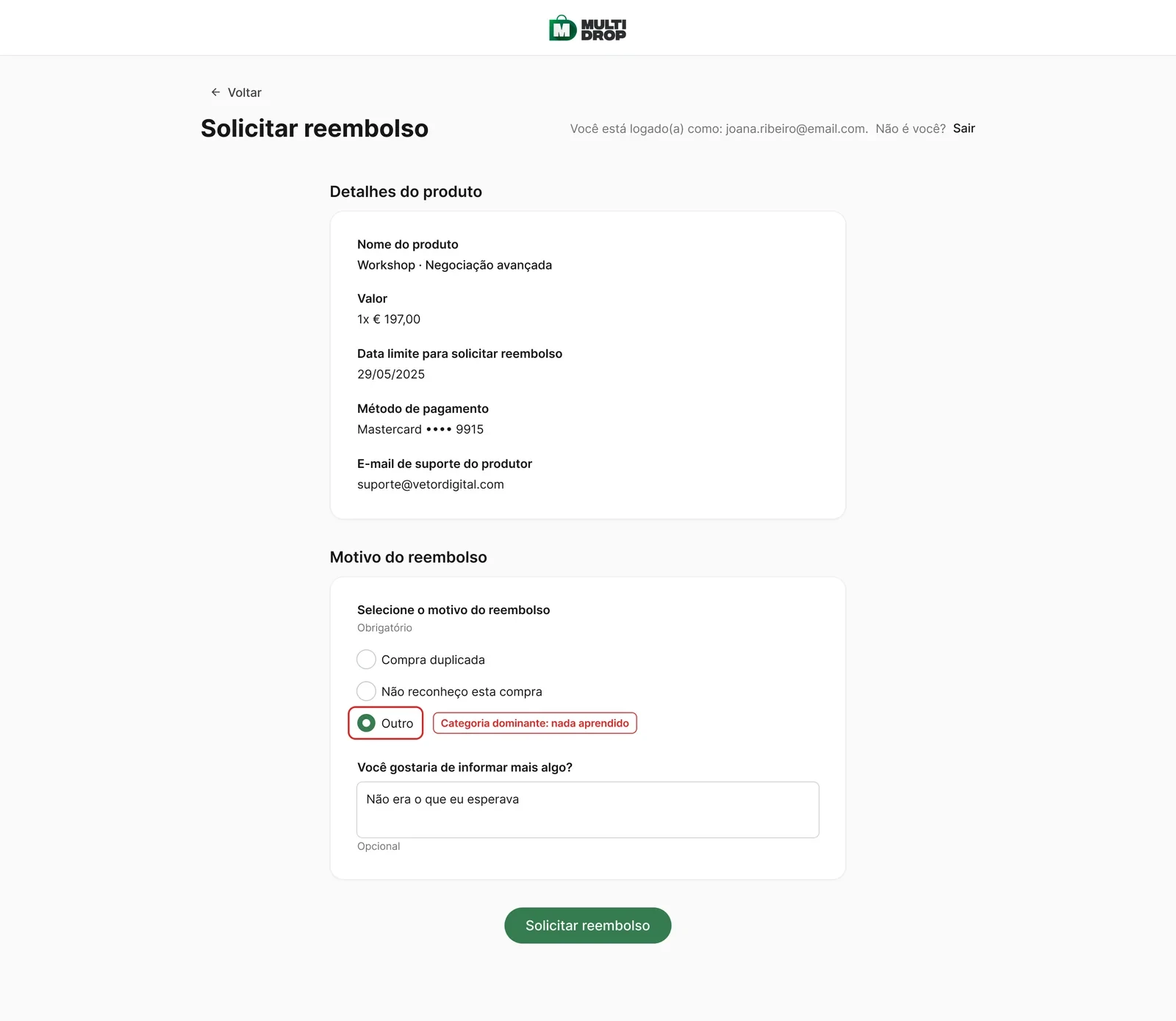 Reconstrução do formulário de reembolso anterior: três motivos genéricos com Outro selecionado