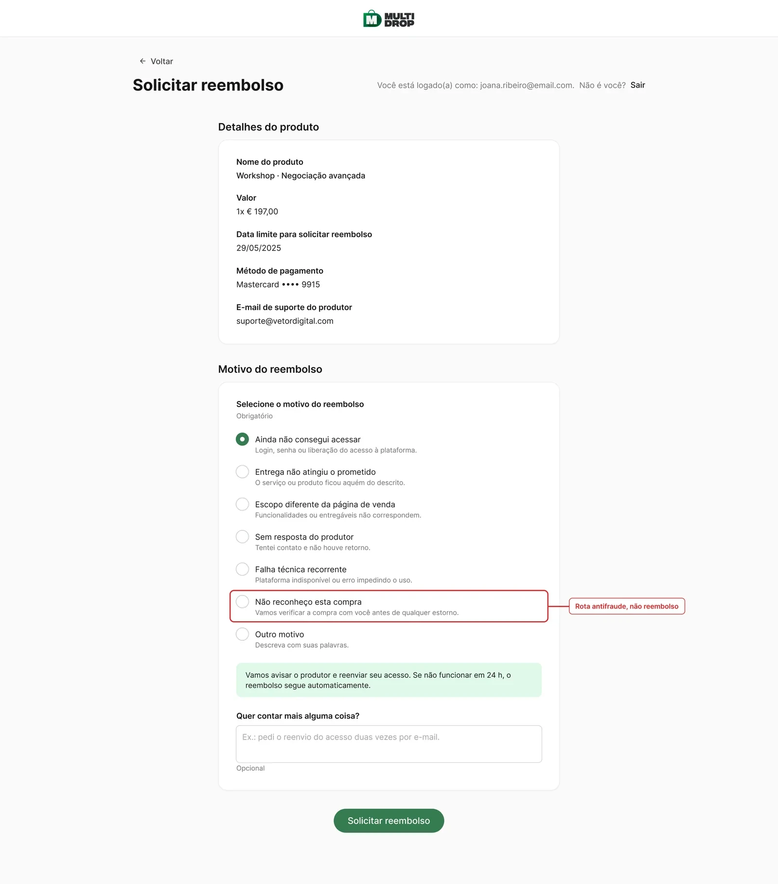 Formulário de reembolso redesenhado: sete motivos do domínio com linha de ajuda e rota antifraude