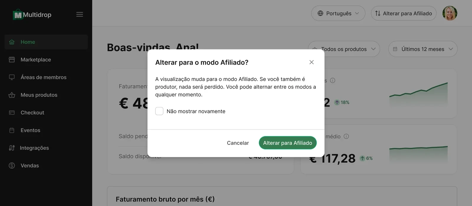 Diálogo de confirmação da troca de contexto explicando que nada se perde ao alternar