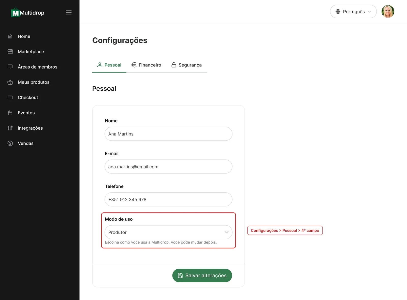 Iteração 1 do seletor de contexto: campo Modo de uso escondido em Configurações, aba Pessoal