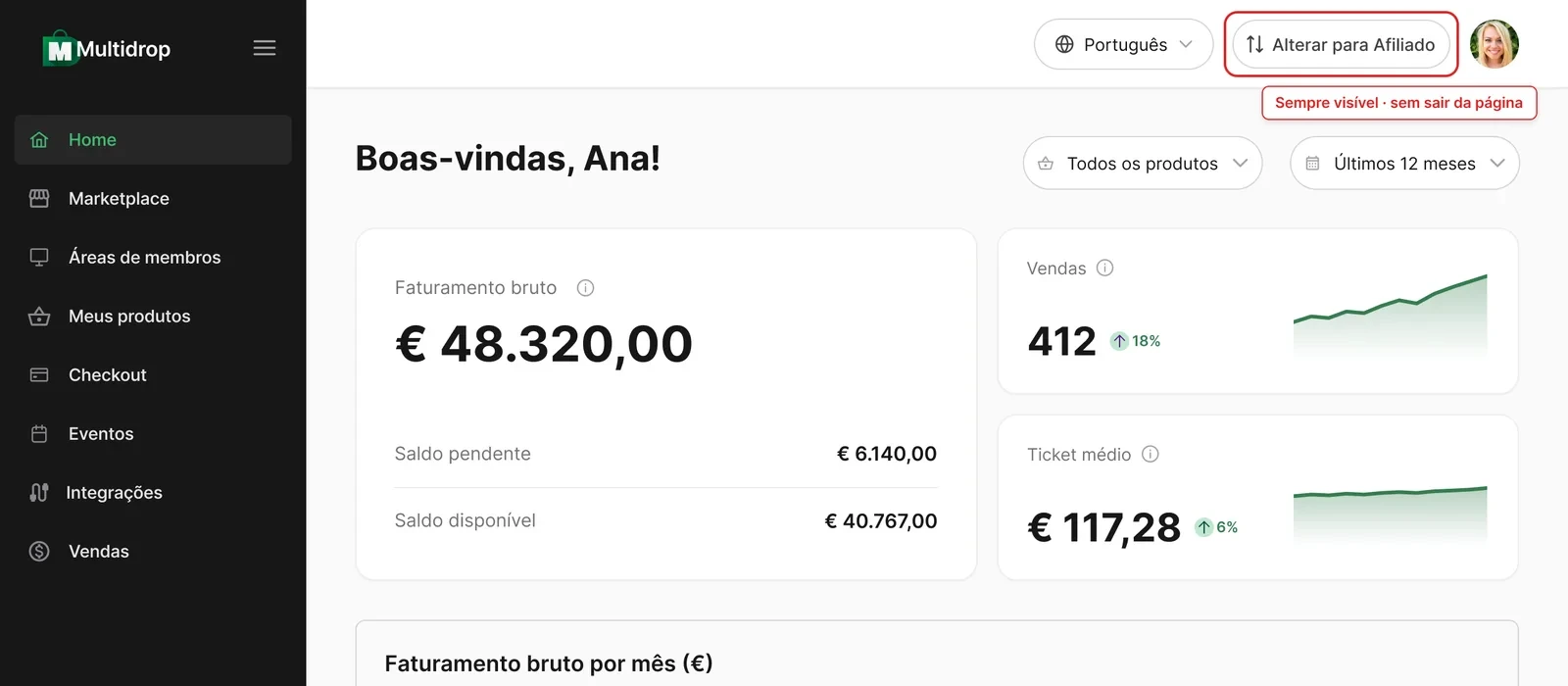 Iteração 2 do seletor de contexto: botão Alterar para Afiliado sempre visível no cabeçalho da Home
