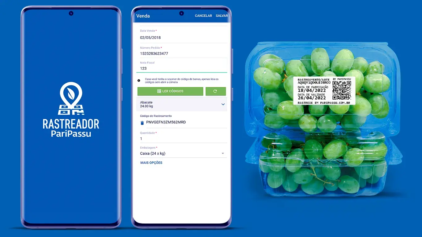Rastreador da PariPassu no celular, com a tela de abertura e o formulário de venda com leitura de códigos, ao lado de uma embalagem de uvas com etiqueta de rastreamento