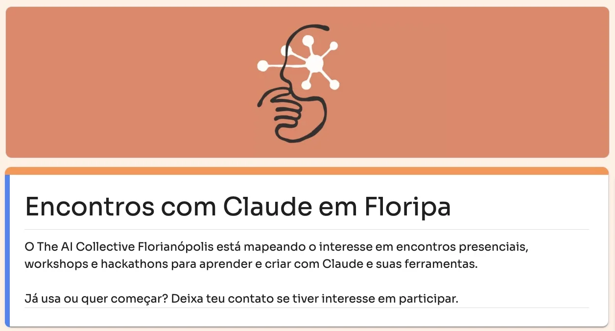 The form as published: Encontros com Claude em Floripa, with The AI Collective Florianópolis logo on a clay banner.